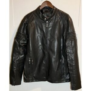 Men's Size Large Black Faux Leather Faux Fur Lined Biker Jacket Moto Racer Zip
